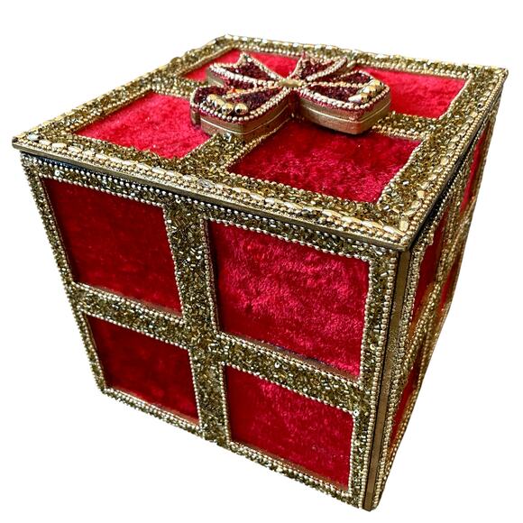 Red Velvet Gold Sequin Christmas Present Gift Box w/ Bow & Lid 7in Holiday Decor - Picture 5 of 15